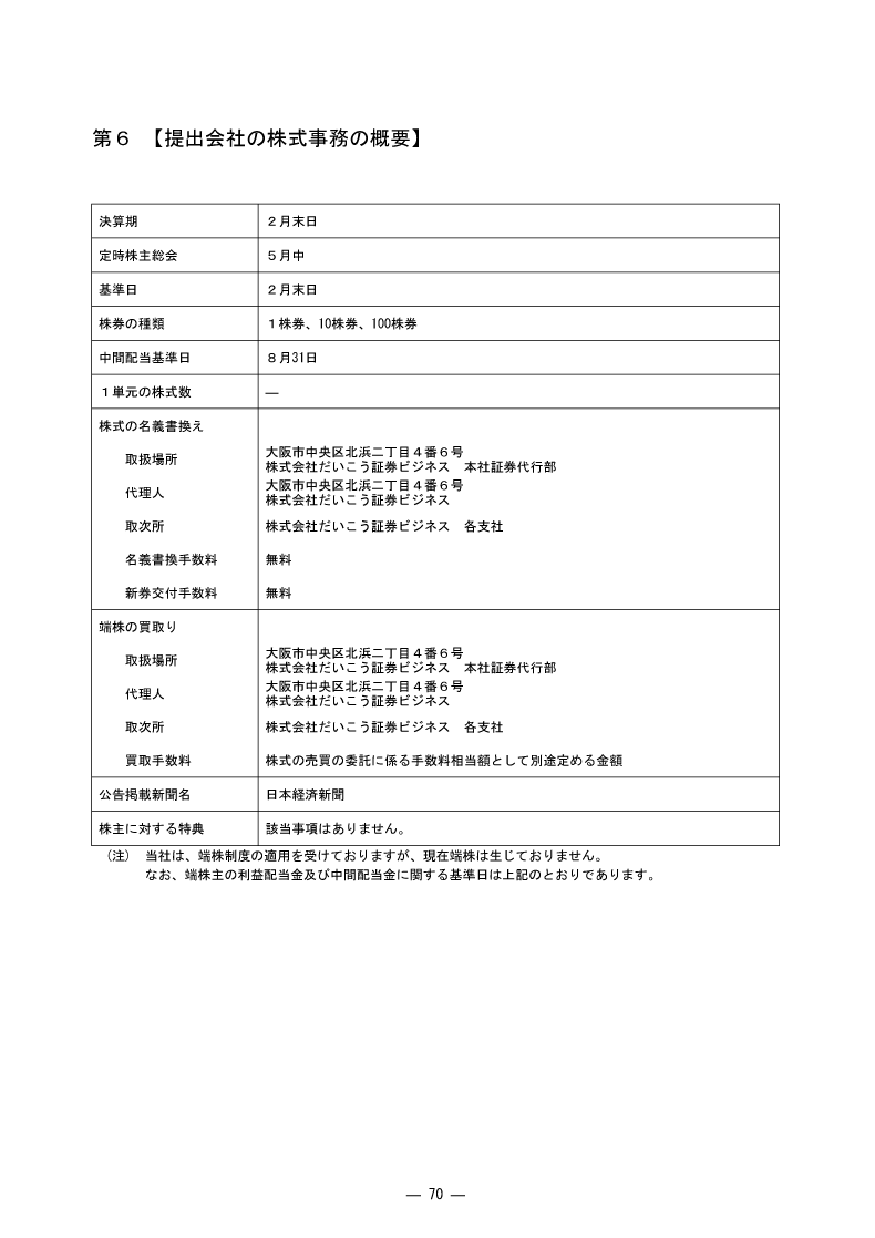 [第6]提出会社の株式事務の概要