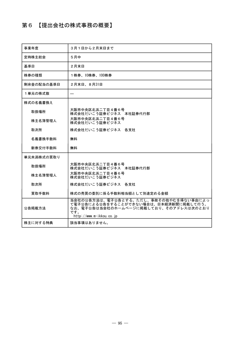 [第6]提出会社の株式事務の概要
