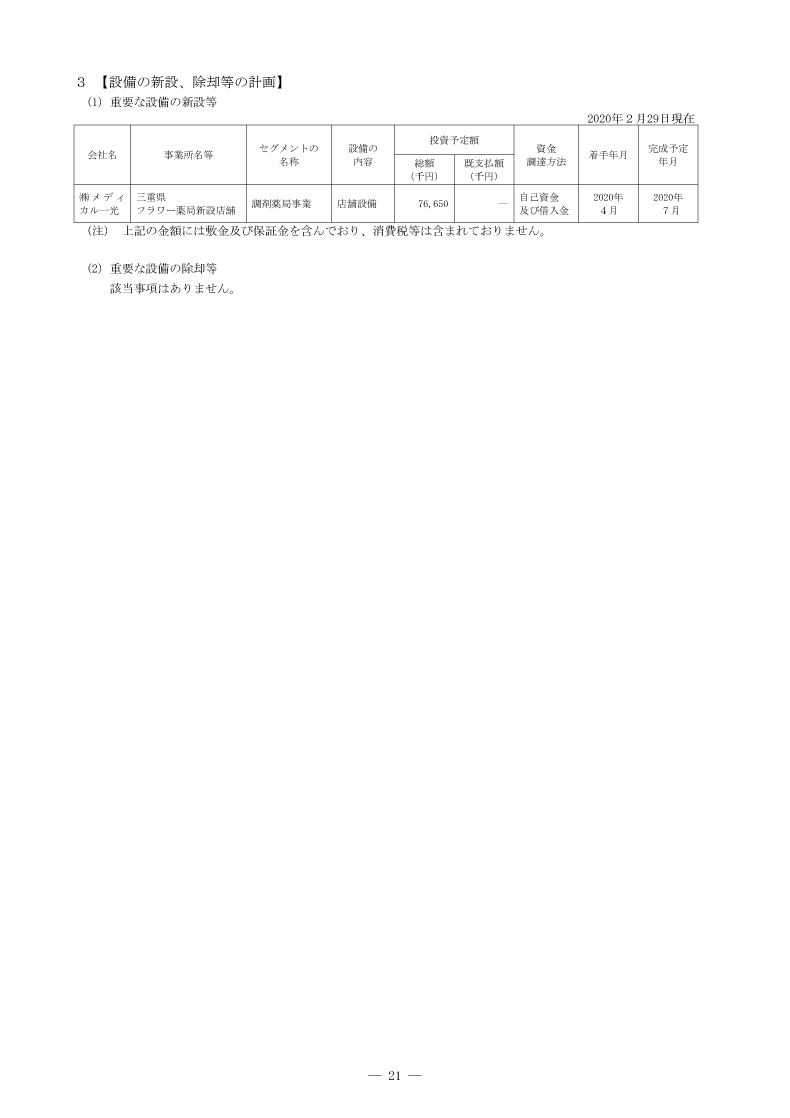 設備の新設、除却等の計画