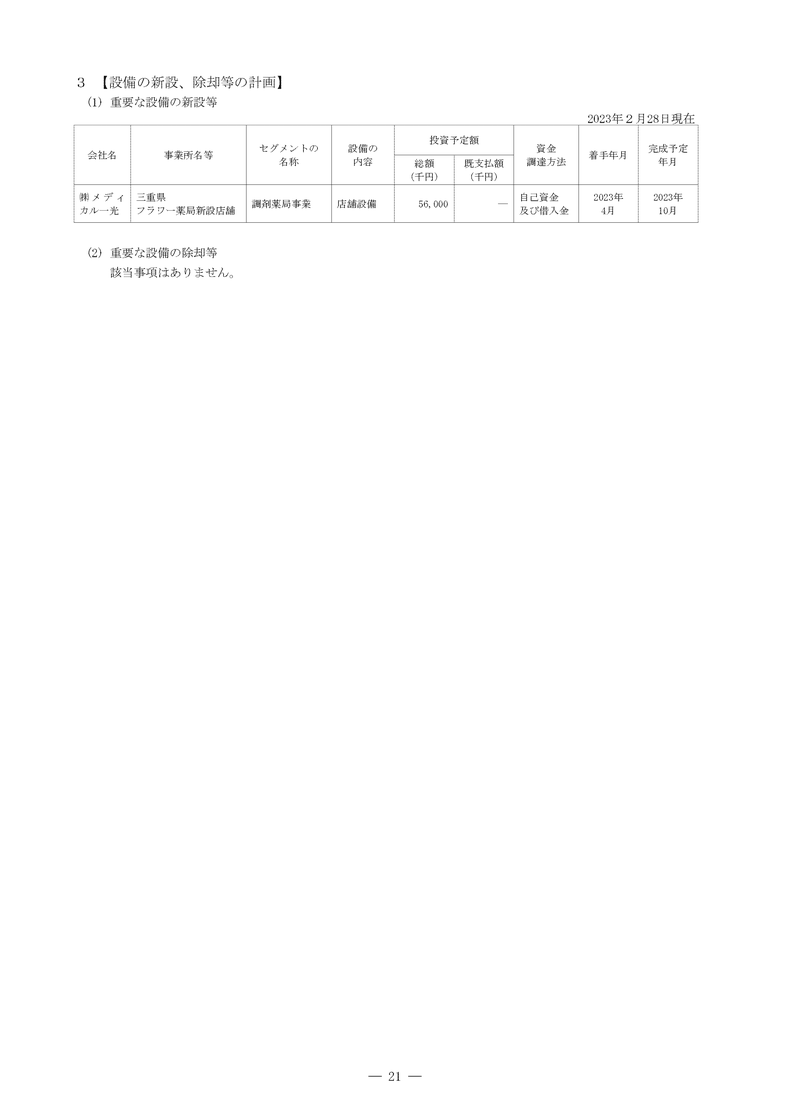 設備の新設、除却等の計画