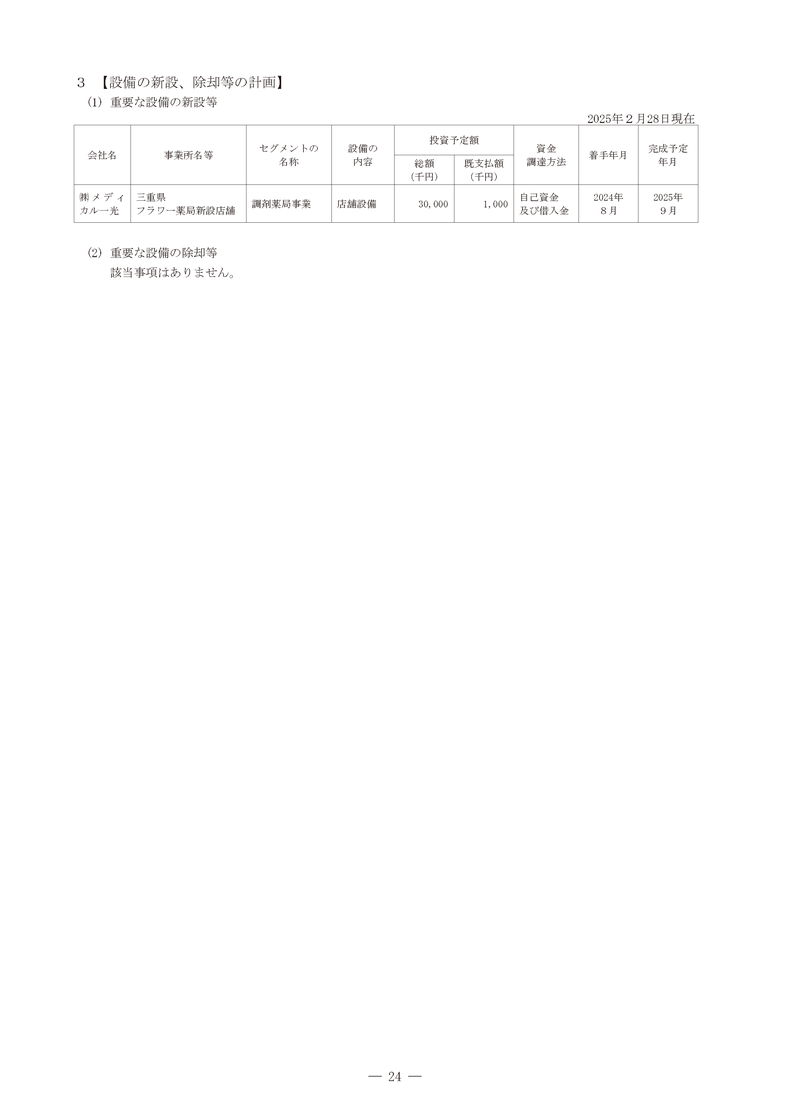 設備の新設、除却等の計画